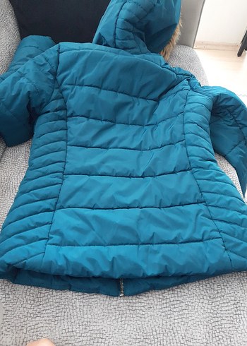 Kadın Mavi Midi Kaban, Kürklü Kapüşonlu - Görsel 4