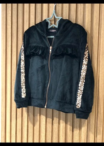 pul detaylı kadife Siyah Kapüşonlu Kız Çocuk hirkasi - Görsel 2