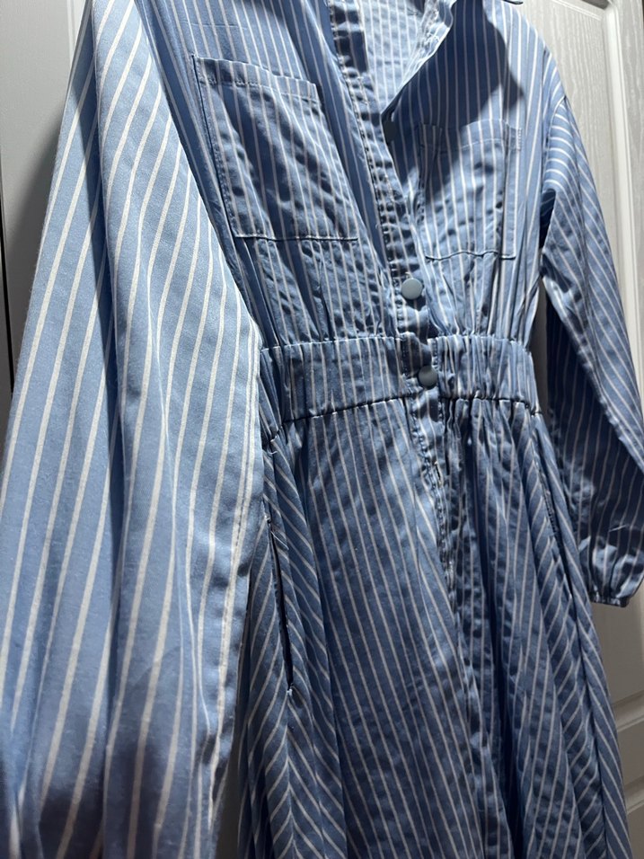 Mavi Pilili Uzun Kollu Uzun Elbise - Görsel 2