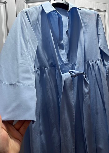 Uzun Kesim Mavi Keten Elbise - Görsel 2