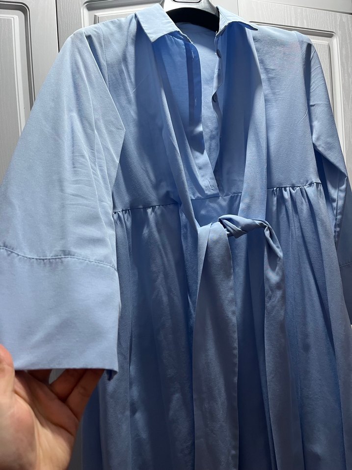 Uzun Kesim Mavi Keten Elbise - Görsel 2