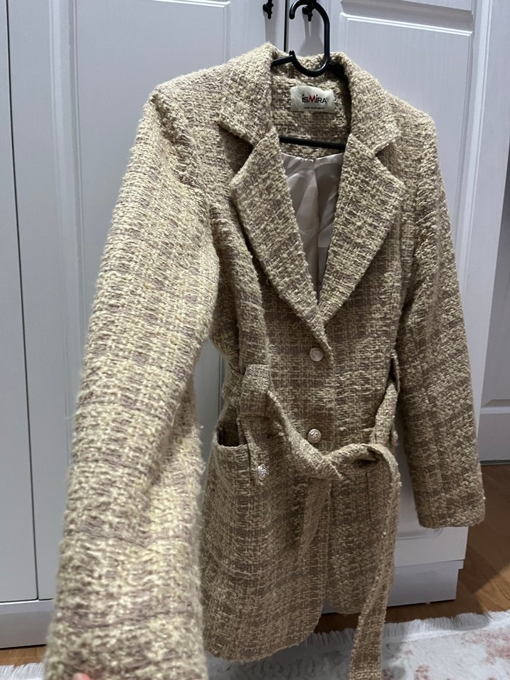 Bej Kadın Midi Boy Düğmeli Yün Ceket - Görsel 3