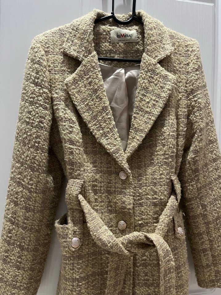 Bej Kadın Midi Boy Düğmeli Yün Ceket - Görsel 2