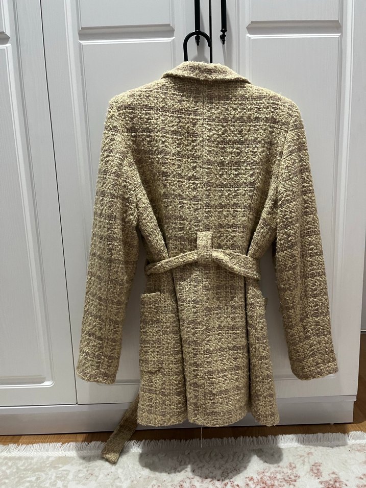 Bej Kadın Midi Boy Düğmeli Yün Ceket - Görsel 4