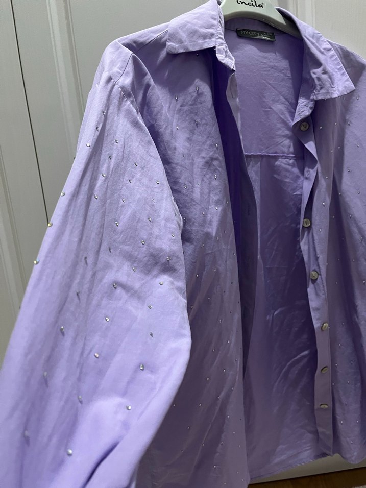 Parlak Mor Düğmeli Uzun Kollu Kadın Gömlek - Görsel 2