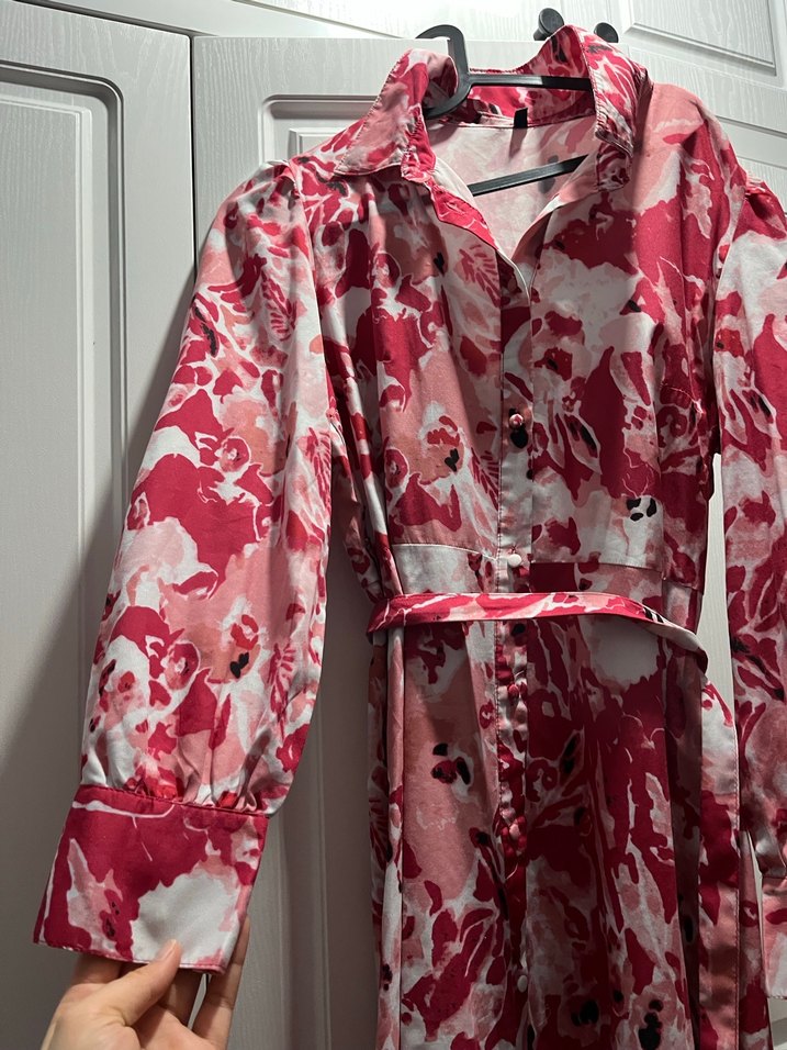 Pembe Batik Desenli Uzun Kollu Kadın Elbise - Görsel 2