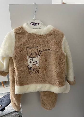 Kahverengi Peluş Kedi Desenli Bebek Takımı