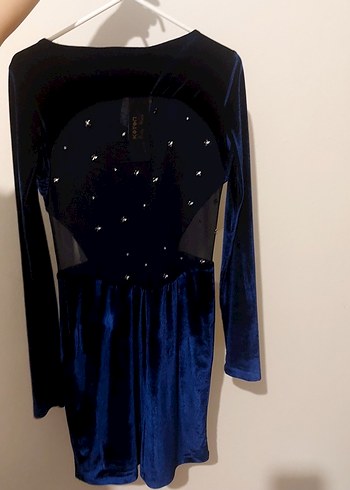 Uzun Kollu Koyu Mavi Kadife Midi Elbise - Görsel 2