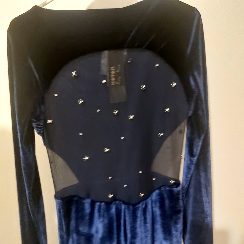 Uzun Kollu Koyu Mavi Kadife Midi Elbise - Görsel 3