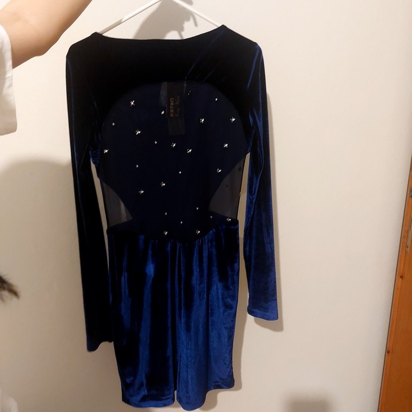 Uzun Kollu Koyu Mavi Kadife Midi Elbise - Görsel 2