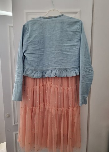 Diğer Pembe Bohem Renkli Kız Elbisesi ve Denim Ceket