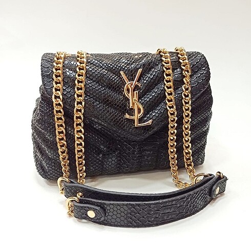 Ysl siyah parlak deri gold zincirli kadın çantası