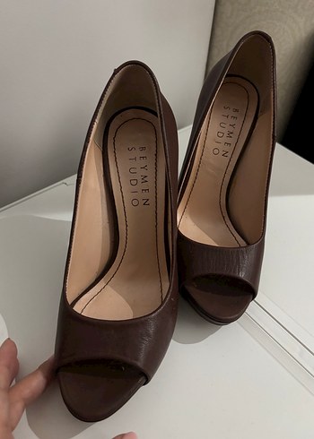 Kahverengi Deri Platform Topuklu Stiletto