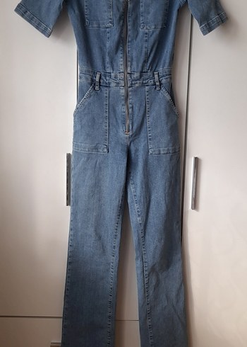 Denim Kısa Kollu Kadın Tulum - Görsel 2