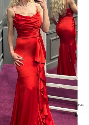 Parlak Kırmızı Sırt Detaylı Uzun Abiye - Görsel 3