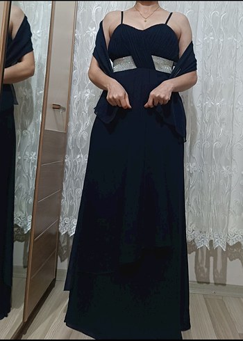 Lacivert Uzun Drapeli Straplez Abiye Elbise - Görsel 3