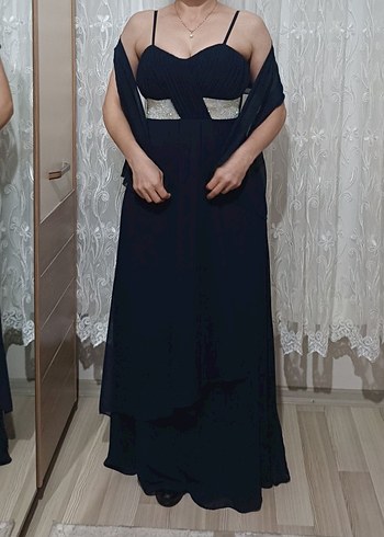 Lacivert Uzun Drapeli Straplez Abiye Elbise - Görsel 6