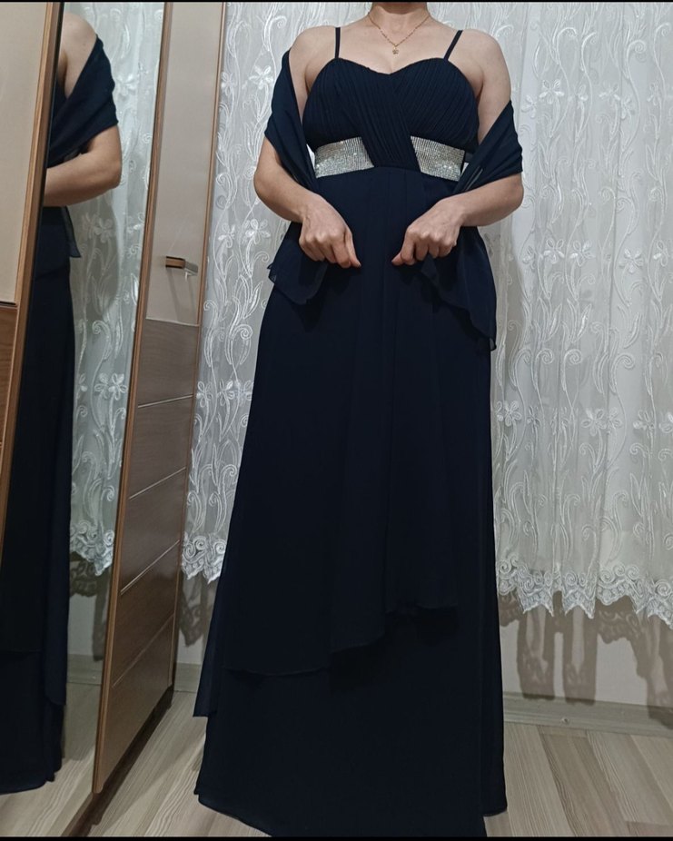 Lacivert Uzun Drapeli Straplez Abiye Elbise - Görsel 3