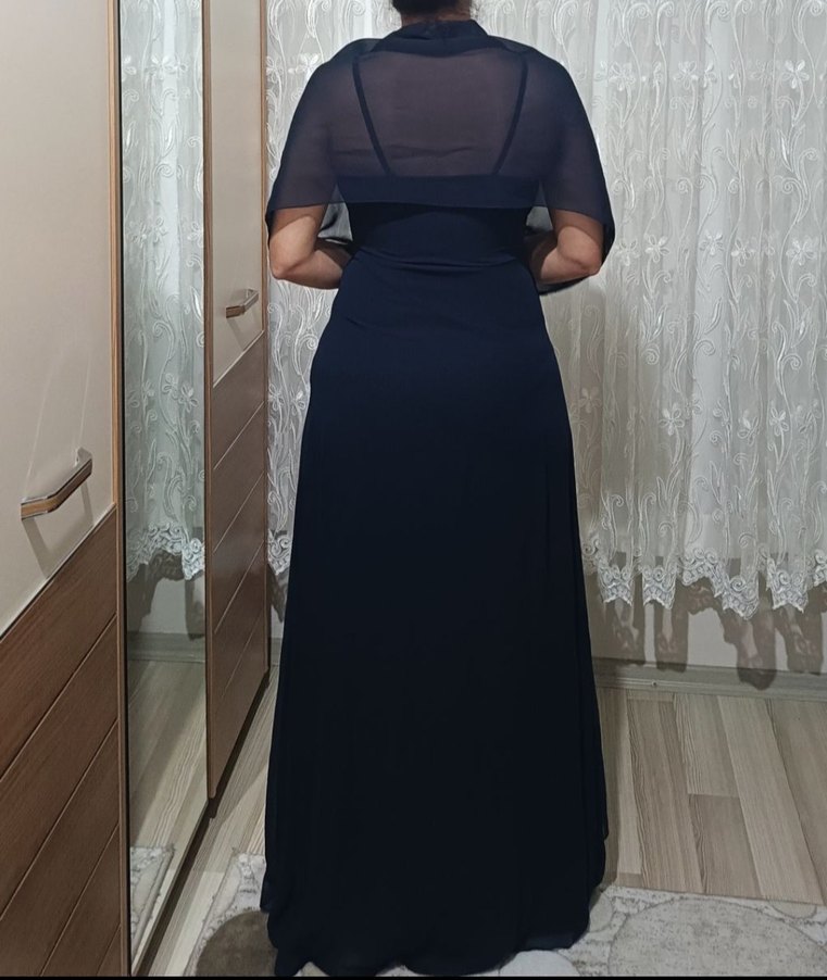 Lacivert Uzun Drapeli Straplez Abiye Elbise - Görsel 4