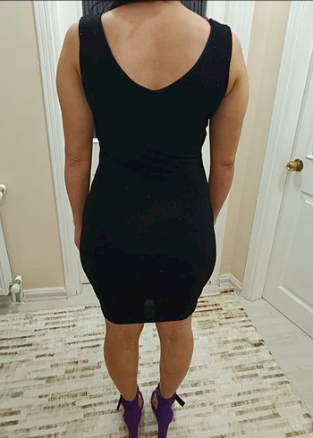 Siyah V Yakalı Midi Kalem Elbise - Görsel 2