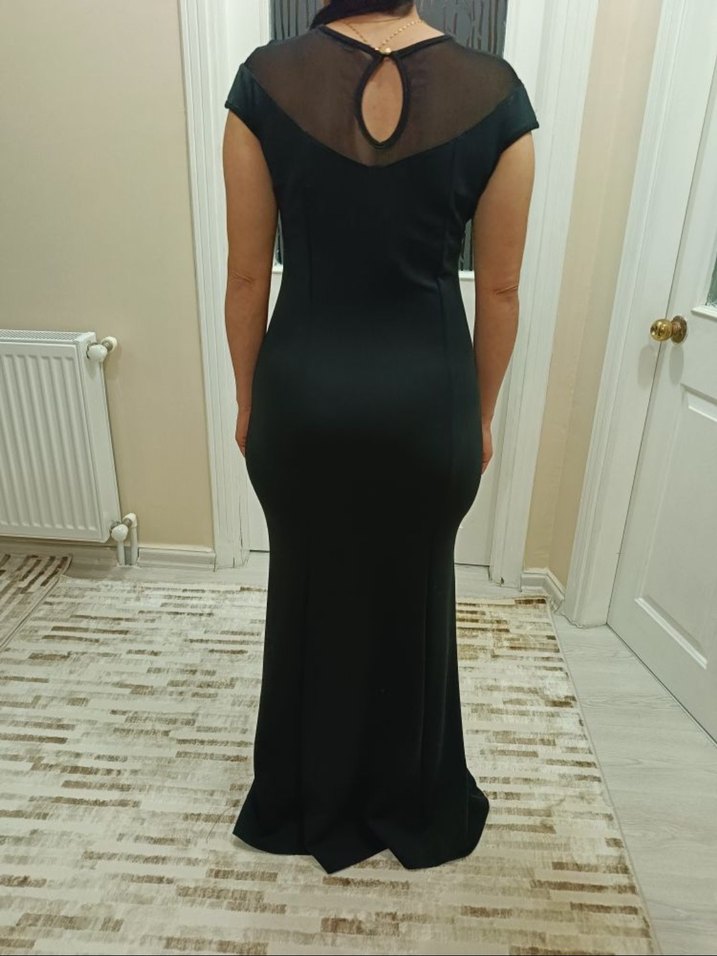 Siyah Uzun V Yaka Drapeli Kadın Elbise - Görsel 3