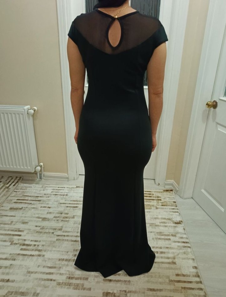 Siyah Uzun V Yaka Drapeli Kadın Elbise - Görsel 4