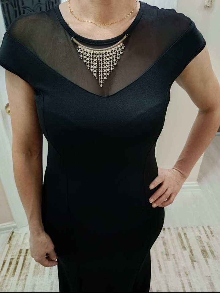 Siyah Uzun V Yaka Drapeli Kadın Elbise - Görsel 5