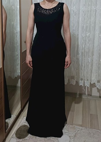 Siyah V Yaka Uzun Kadın Abiye Elbise - Görsel 3