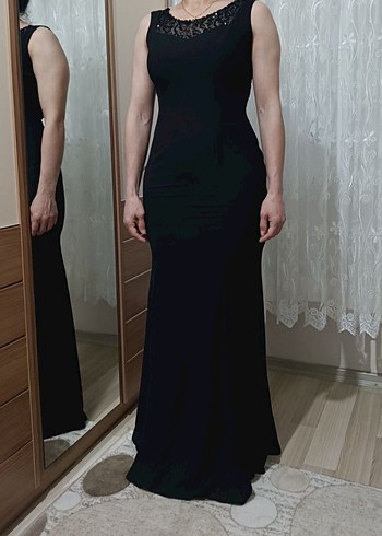 Siyah V Yaka Uzun Kadın Abiye Elbise - Görsel 2