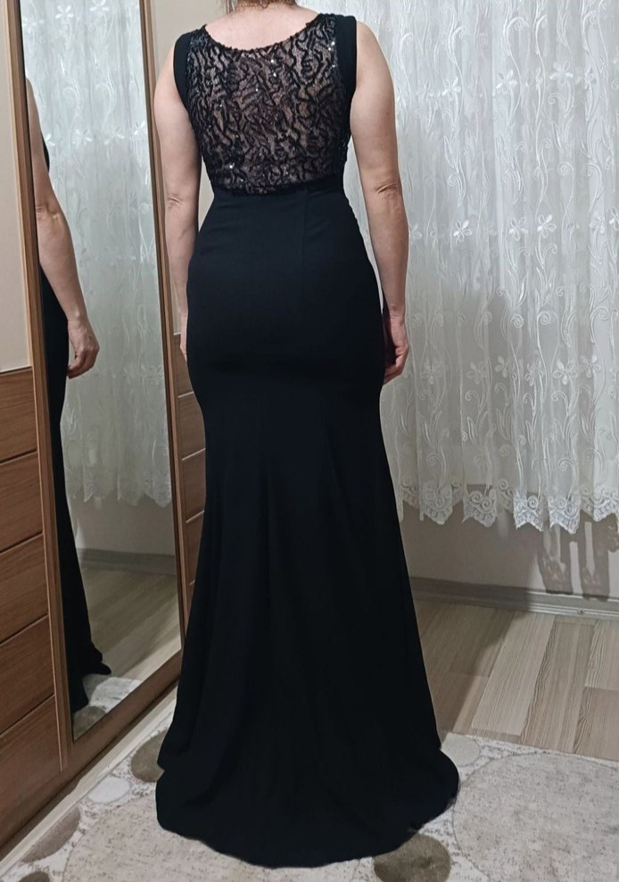 Siyah V Yaka Uzun Kadın Abiye Elbise - Görsel 5