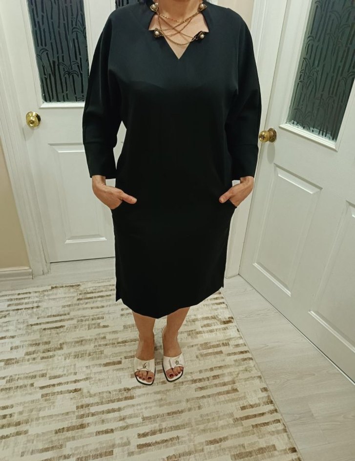 Siyah V Yakalı Uzun Kollu Drapeli Kalem Elbise - Görsel 5