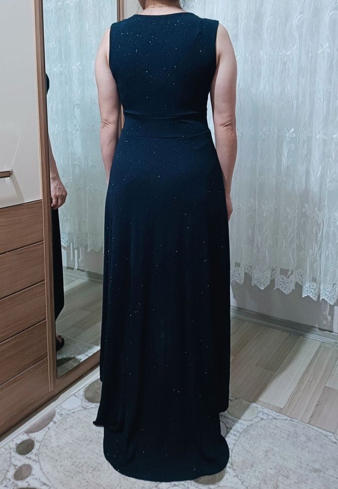 Lacivert V Yaka Drapeli Uzun Abiye Elbise - Görsel 4