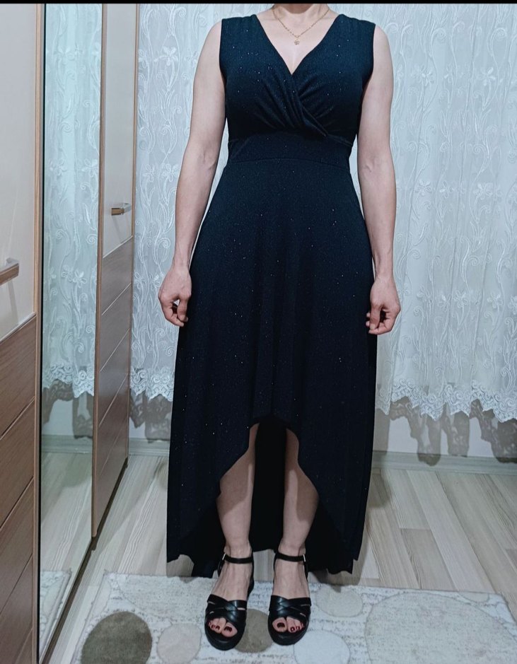 Lacivert V Yaka Drapeli Uzun Abiye Elbise - Görsel 3