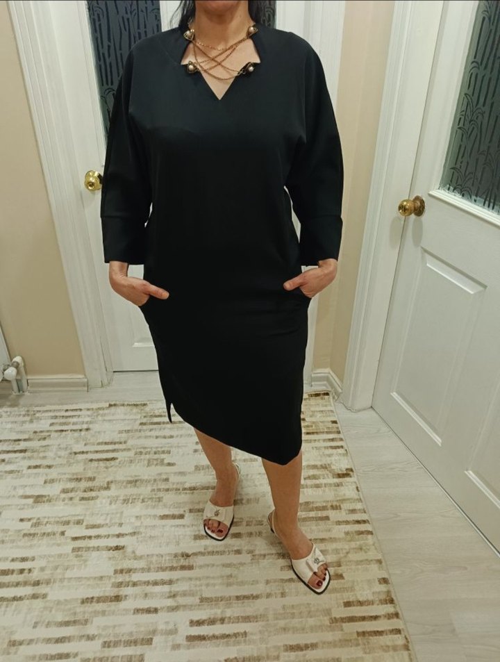 Siyah Drapeli V Yakalı Uzun Kollu Kalem Elbise - Görsel 2