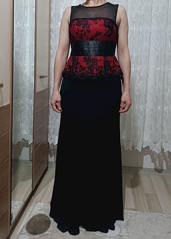 Klasik Siyah Kemerli Bordo/Siyah Uzun Abiye Elbise - Görsel 6