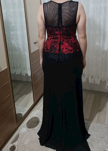 Klasik Siyah Kemerli Bordo/Siyah Uzun Abiye Elbise - Görsel 4