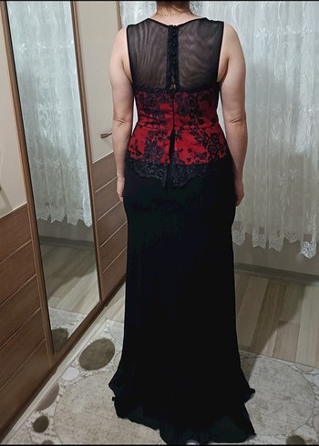 Klasik Siyah Kemerli Bordo/Siyah Uzun Abiye Elbise - Görsel 5