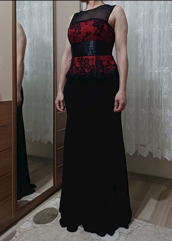 Klasik Siyah Kemerli Bordo/Siyah Uzun Abiye Elbise - Görsel 2