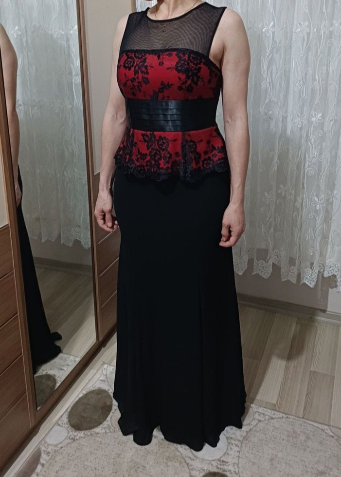 Klasik Siyah Kemerli Bordo/Siyah Uzun Abiye Elbise - Görsel 3