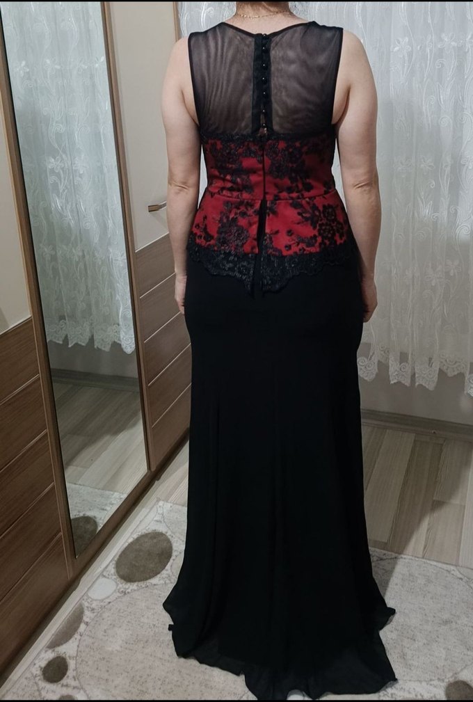 Klasik Siyah Kemerli Bordo/Siyah Uzun Abiye Elbise - Görsel 4