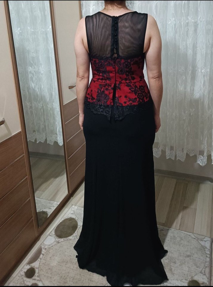 Klasik Siyah Kemerli Bordo/Siyah Uzun Abiye Elbise - Görsel 5