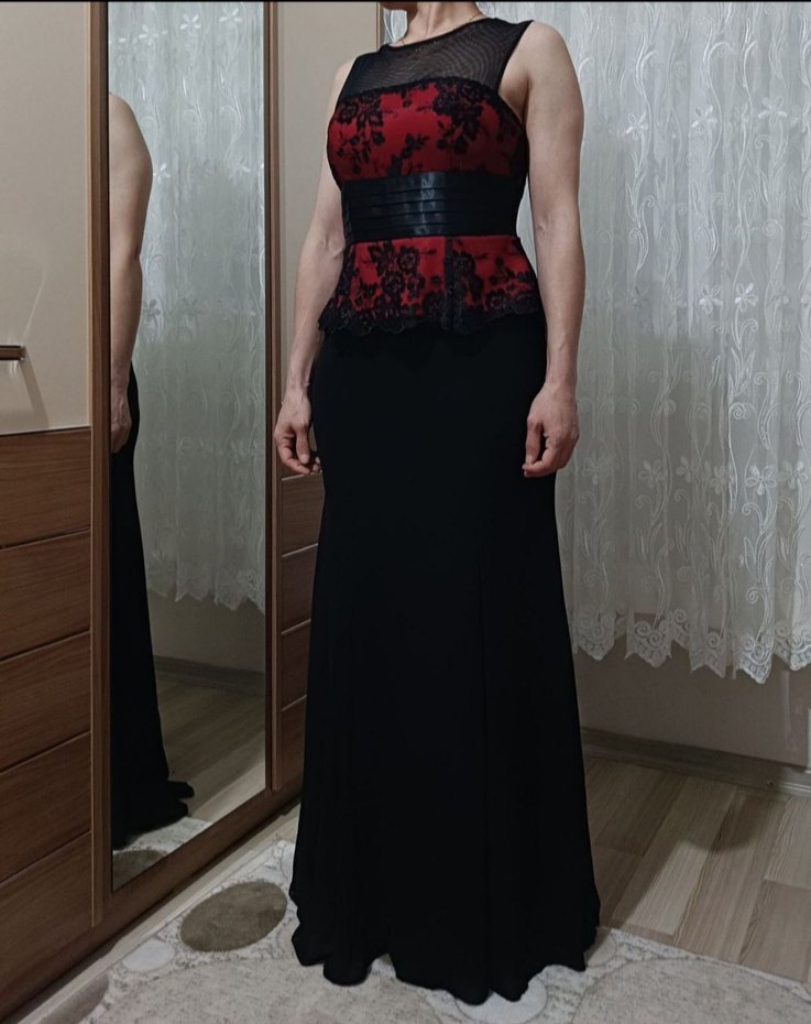 Klasik Siyah Kemerli Bordo/Siyah Uzun Abiye Elbise - Görsel 2