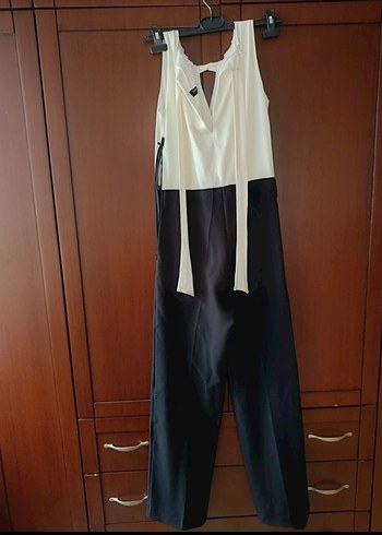 Kadın Siyah/Beyaz Kemerli Uzun Şık Tulum - Görsel 5