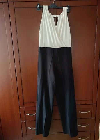 Kadın Siyah/Beyaz Kemerli Uzun Şık Tulum - Görsel 6