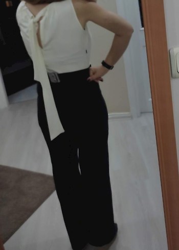 Kadın Siyah/Beyaz Kemerli Uzun Şık Tulum - Görsel 4