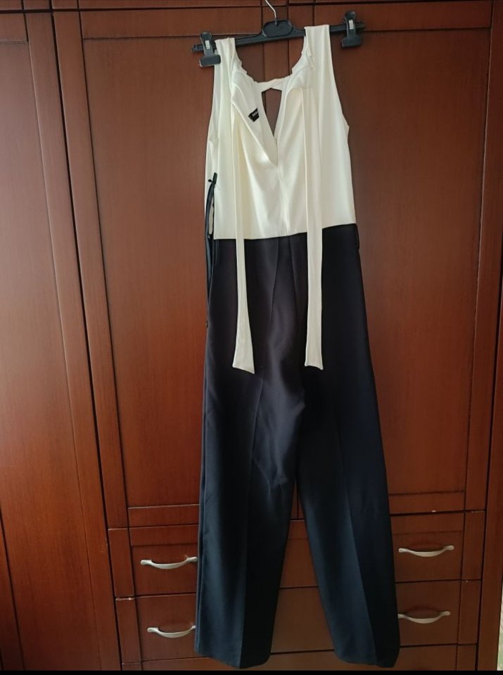 Kadın Siyah/Beyaz Kemerli Uzun Şık Tulum - Görsel 5