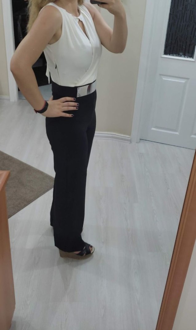 Kadın Siyah/Beyaz Kemerli Uzun Şık Tulum - Görsel 3