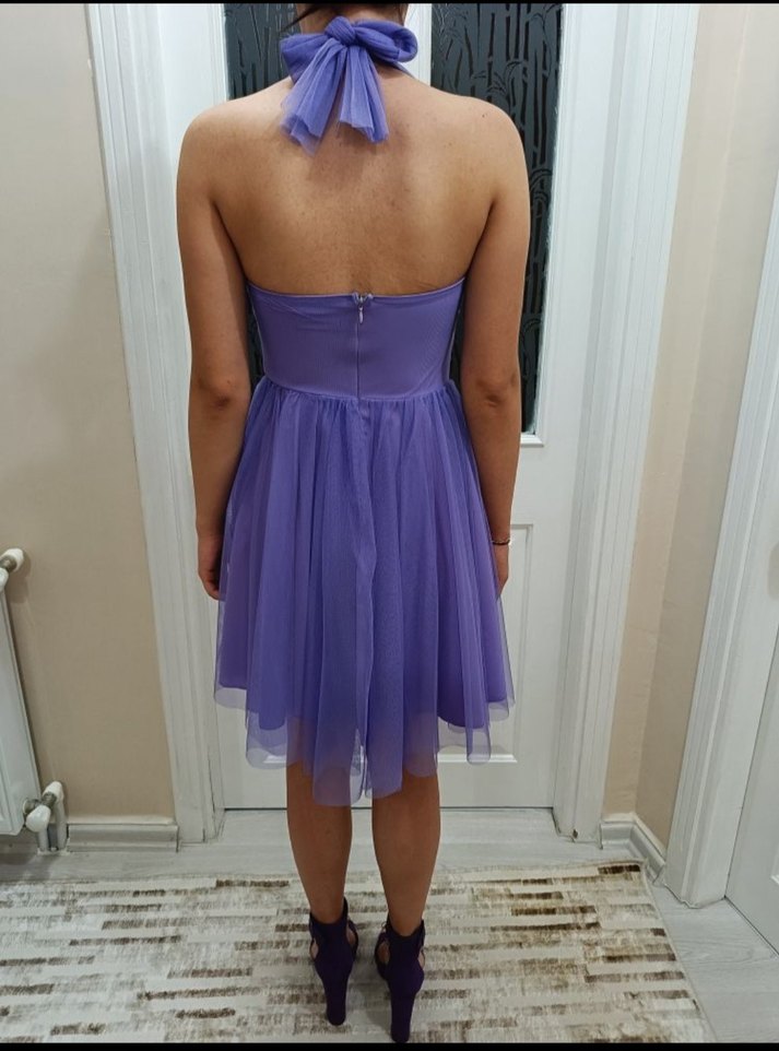 Mor Drapeli Mini Abiye Elbise - Görsel 4