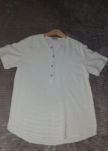 Lcw Düğmeli haki Çizgili Keten Kadın Tişört - Görsel 2