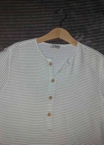 Lcw Düğmeli haki Çizgili Keten Kadın Tişört - Görsel 3